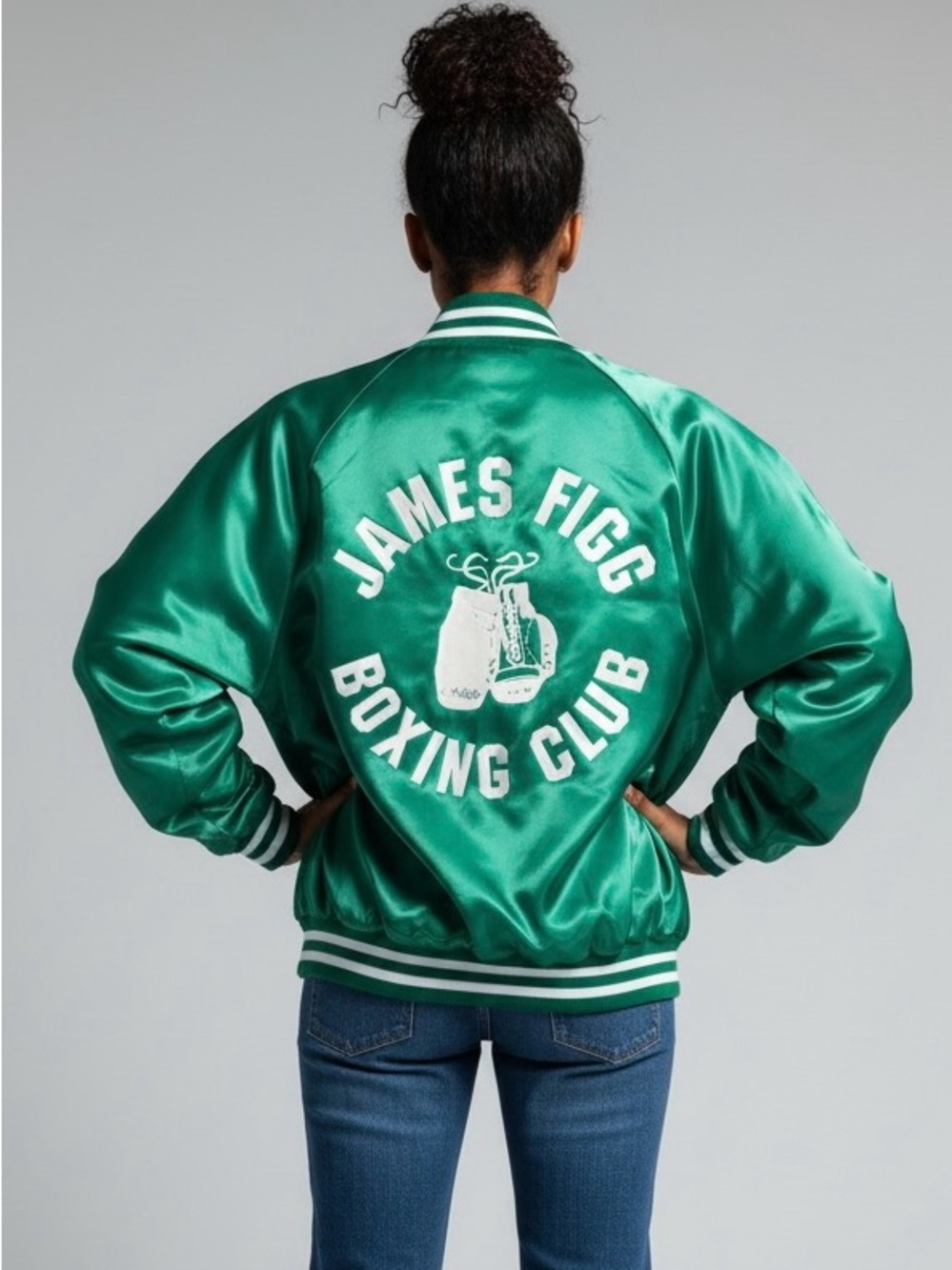 Vintage 80s Majestic Green Satin Bomber Jacket James Figg Boxing Club XL USA